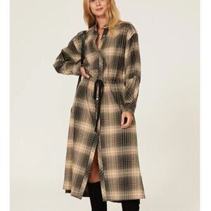 Joie Gray Plaid Blouson Shirt Dress MEDIUM Flannel Cotton Western Designer $300